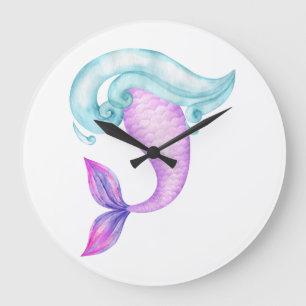 Meerjungfrau Aquarell Rosa lila blauer Geburtstag Große Wanduhr