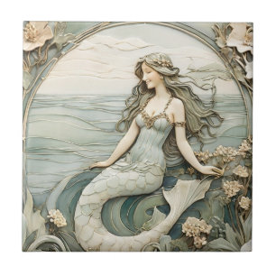 Meerjungfrau Art Nouveau Faux-Relief Minze Ozean M Fliese