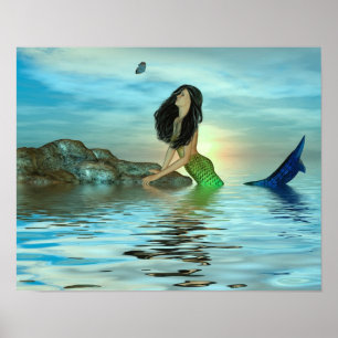 Meerjungfrau auf dem Felsen Poster