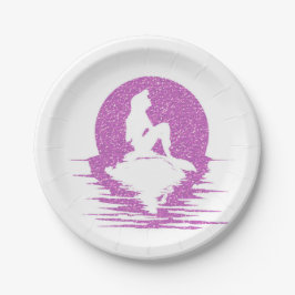 Meerjungfrau auf einem Felsen - rosa Glitzer Pappteller