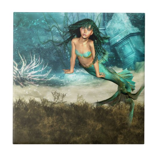 Meerjungfrau auf Meeresgrund-Fliese Fliese (Vorderseite)