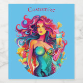 Meerjungfrau auf Regenbogenhaar mit Cocktail Weinetikett (Einzelnes Label)