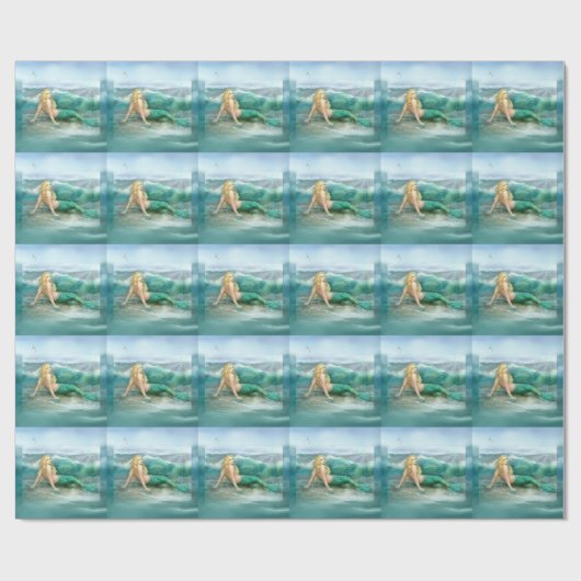 Meerjungfrau auf Ufer mit Aqua-Wellen und Seemöwen Geschenkpapier (Flach)