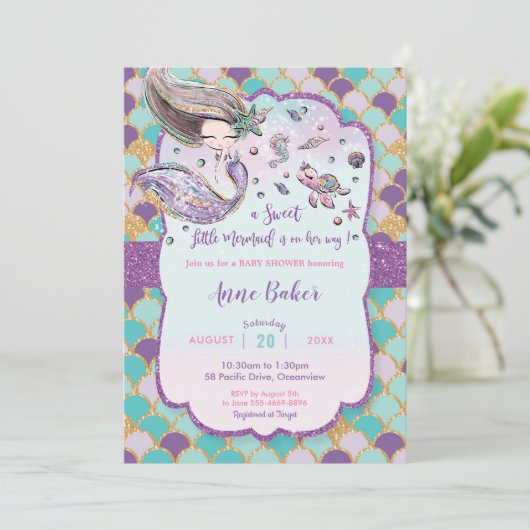 Meerjungfrau-Babydusche unter dem Meeresbewohner-M Einladung (Stehend Vorderseite)