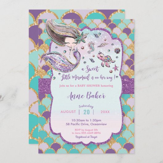 Meerjungfrau-Babydusche unter dem Meeresbewohner-M Einladung (Vorne/Hinten)