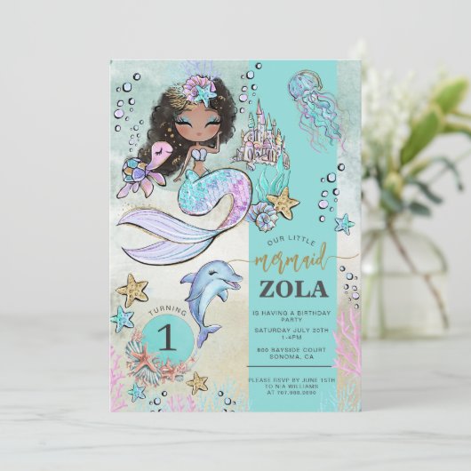 Meerjungfrau bearbeitet unter dem Meer 1. Geburtst Einladung (Stehend Vorderseite)