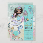 Meerjungfrau bearbeitet unter dem Meer 1. Geburtst Einladung (Vorne/Hinten)