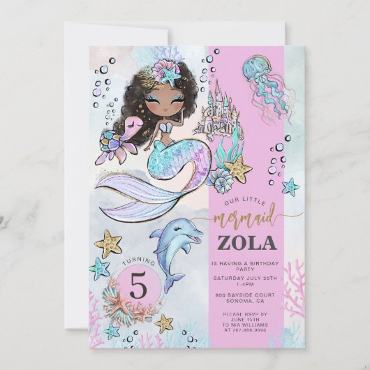 Meerjungfrau bearbeitet unter dem Meer 5. Geburtst Einladung (Vorderseite)