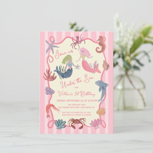 Meerjungfrau Birthday unter Meeresküste gezeichnet Einladung (Stehend Vorderseite)