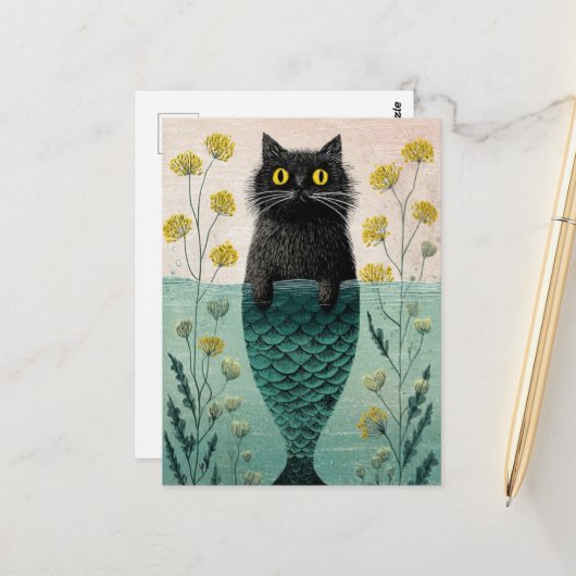 Meerjungfrau Black Kitty Postkarte (Vorderseite/Rückseite Beispiel)