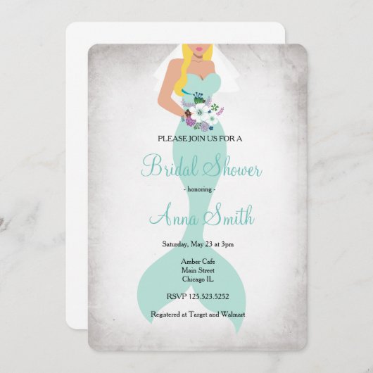 Meerjungfrau Brautdusche Einladung Blumengrün (Vorne/Hinten)