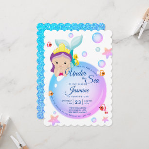 Meerjungfrau Bubble Glitter Lila Türkis Baby Gebur Einladung