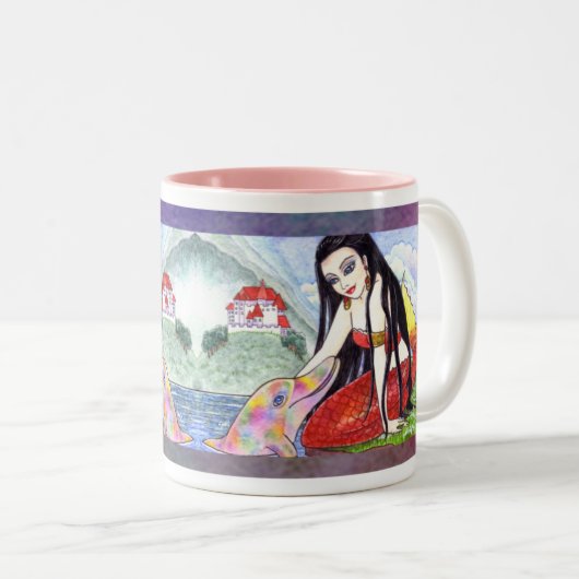 Meerjungfrau-Delphinfairytale-Kaffee-Tee-Tasse Zweifarbige Tasse (VorderseiteRechts)
