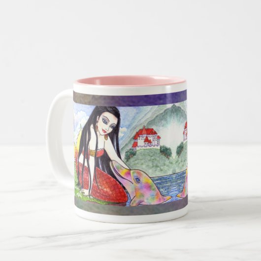 Meerjungfrau-Delphinfairytale-Kaffee-Tee-Tasse Zweifarbige Tasse (Vorderseite Links)