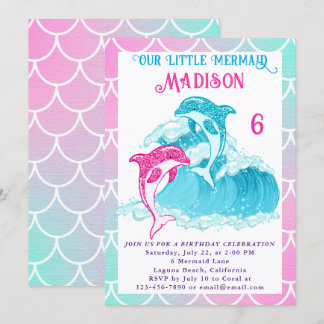 Meerjungfrau Dolphin Blue Sea Pink Geburtstagspart Einladung