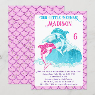 Meerjungfrau Dolphin Blue Sea Pink Geburtstagspart Einladung