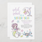 Meerjungfrau, Dolphin, Schildkröte zum Geburtstag  Einladung (Vorne/Hinten)