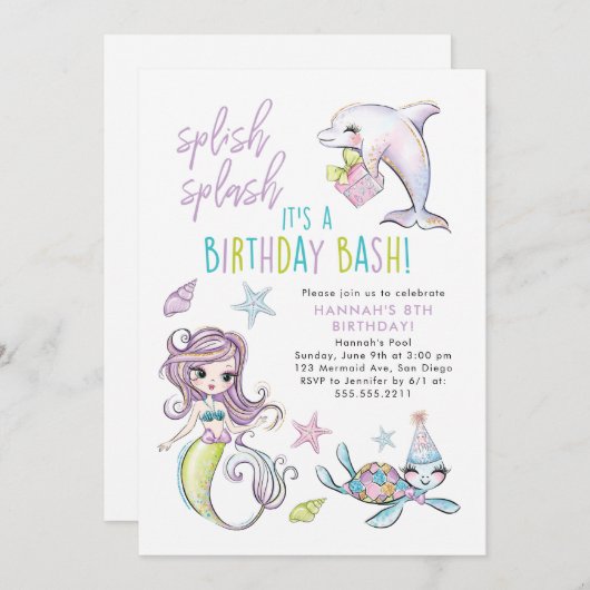 Meerjungfrau, Dolphin, Schildkröte zum Geburtstag Einladung (Vorne/Hinten)