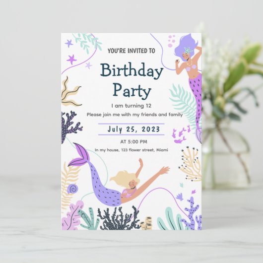 Meerjungfrau Einladung für eine Untersee Geburtsta (Stehend Vorderseite)