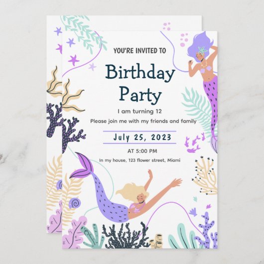 Meerjungfrau Einladung für eine Untersee Geburtsta (Vorne/Hinten)