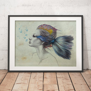 Meerjungfrau-Fisch-Frau Surrealistische Kunst Fant Poster
