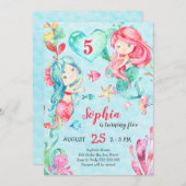 Meerjungfrau Geburtstag unter dem Meer Niedlich Aq Einladung (Vorne/Hinten)