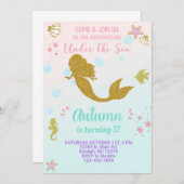 Meerjungfrau Geburtstagseinladung, Gold. Einladung (Vorne/Hinten)