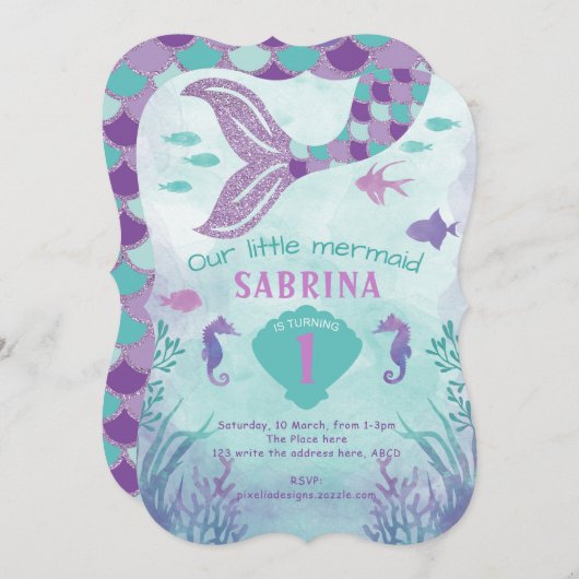 Meerjungfrau, Glitzer, Schwanz, Mädchen Einladung (Vorne/Hinten)