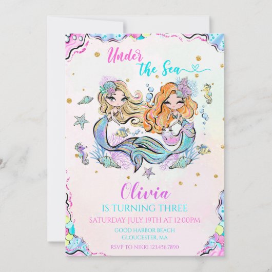 Meerjungfrau im 3. Geburtstag Party Einladung (Vorderseite)