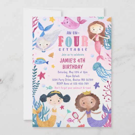 Meerjungfrau im 4. Geburtstag Party Einladung (Vorderseite)