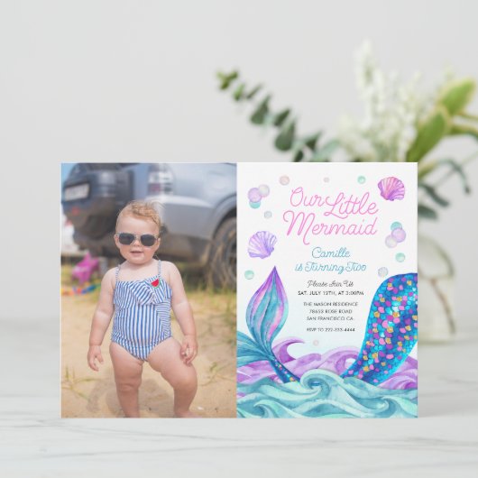Meerjungfrau im Foto Birthday Einladung (Stehend Vorderseite)