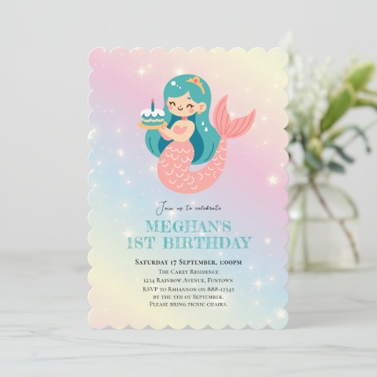 Meerjungfrau im Kindergeburtstag Party Einladung (Stehend Vorderseite)