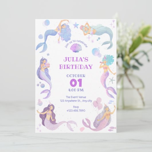 Meerjungfrau im Rahmen der Einladung zur Geburtsta (Stehend Vorderseite)