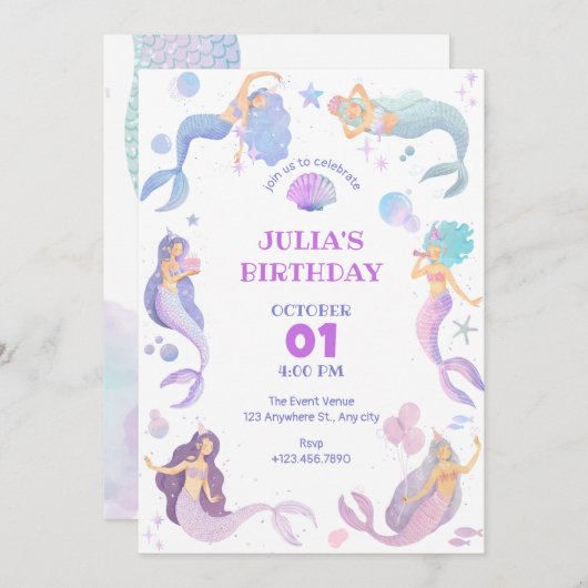 Meerjungfrau im Rahmen der Einladung zur Geburtsta (Vorne/Hinten)