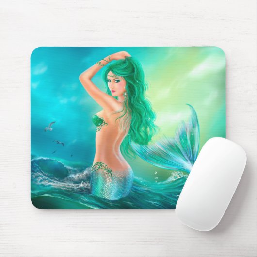 Meerjungfrau im Sonnenuntergang mit dem grünen Mousepad (Mit Mouse)