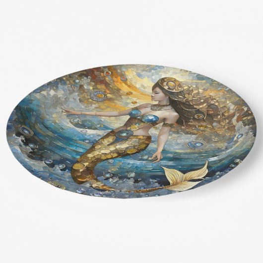 Meerjungfrau in den Ozeanwellen Pappteller (Schrägansicht)