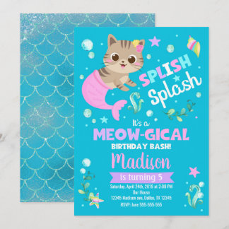 Meerjungfrau Katze Geburtstagseinladung, Kitten Po Einladung