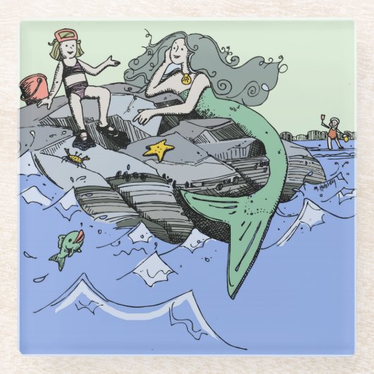 Meerjungfrau Küstenart niedlich Cartoon Beach Kind Glasuntersetzer (Vorderseite)