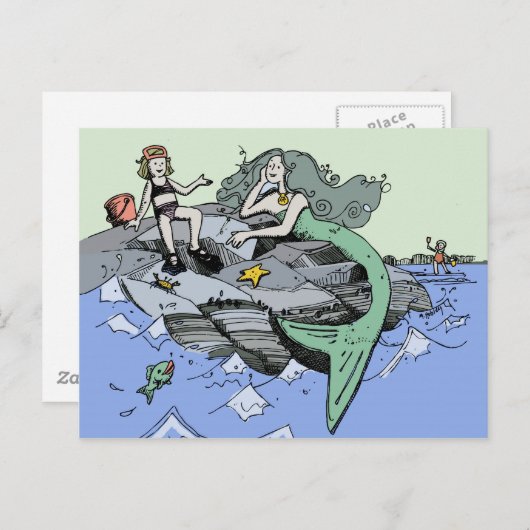Meerjungfrau Küstenart niedlich Cartoon Beach Kind Postkarte (Vorne/Hinten)