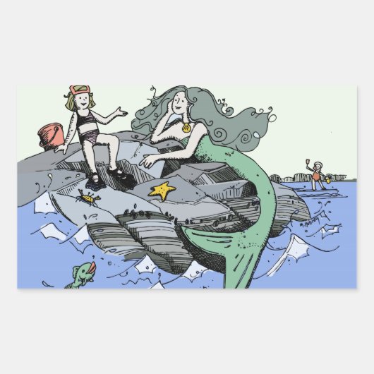 Meerjungfrau Küstenart niedlich Cartoon Beach Kind Rechteckiger Aufkleber (Vorderseite)