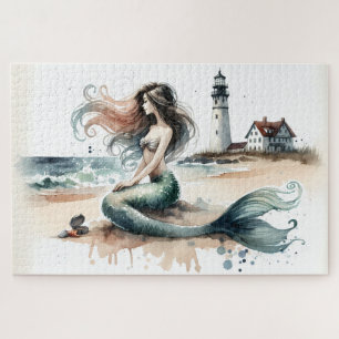 Meerjungfrau-Leuchtturm-Küsten-Wasserfarben-Szene Puzzle