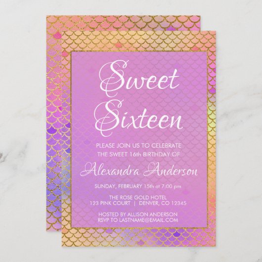 Meerjungfrau Lila, rosa und gelb Süße 16 Geburtsta Einladung (Vorne/Hinten)