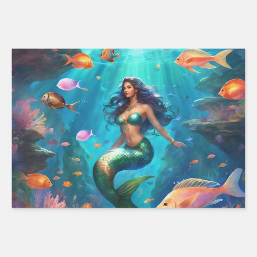 Meerjungfrau-Mädchen 3 Geschenkpapier Set (Vorderseite)