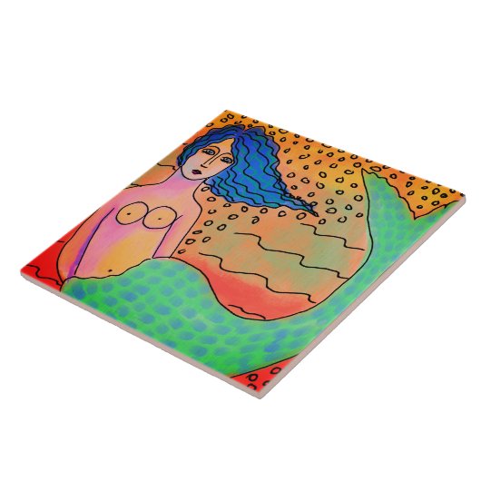 Meerjungfrau mit Abstraktem blauhaarigen Malerei Fliese (Seite)