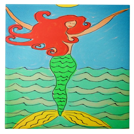 Meerjungfrau mit Abstraktem Rothaargemälde Fliese (Vorderseite)