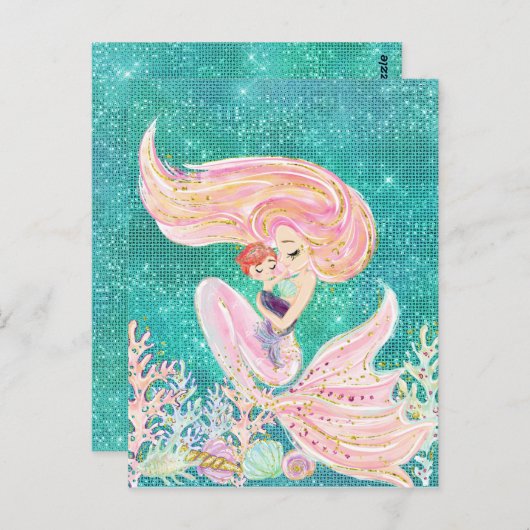 Meerjungfrau mit Baby Glitzer Sea Postkarte (Vorne/Hinten)