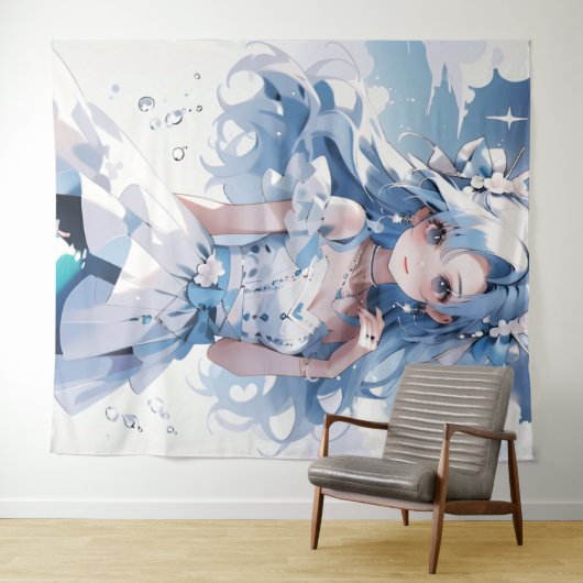 Meerjungfrau mit blauem Haar in einem blauen Kleid Wandteppich (Beispiel (Horizontal))