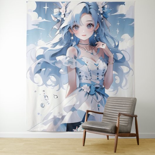 Meerjungfrau mit blauem Haar in einem blauen Kleid Wandteppich (Beispiel)