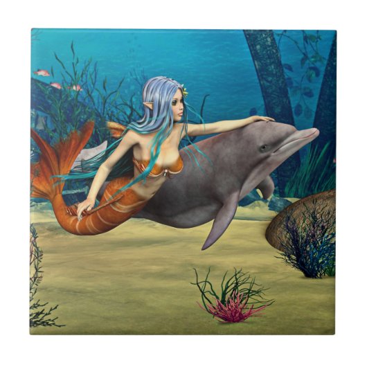 Meerjungfrau mit Delfin Fliese (Vorderseite)