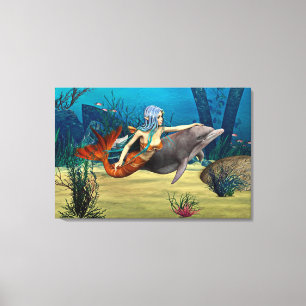 Meerjungfrau mit Delfin Leinwanddruck